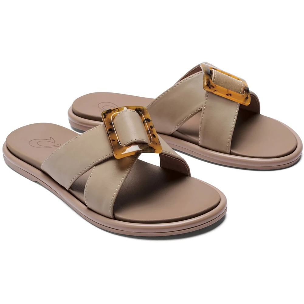 Olukai La'i Slide Sandals Womens 11 Taupe Tortoise Buckle Flat